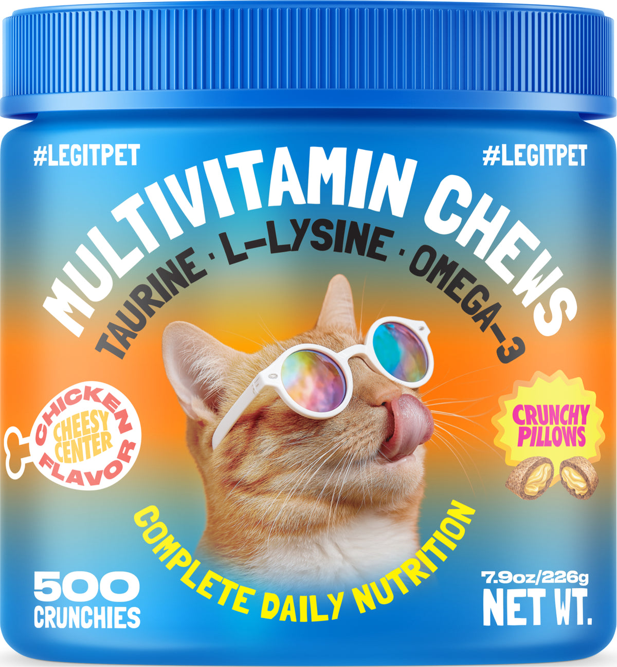 Multivitamin Cat Crunchy Treats Daily Vitamins with Taurine, Omega 3 & L-Lysine, Chicken Flavor, 500 Crunchy Pillows