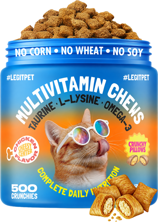 Multivitamin Cat  Crunchy Treats Daily Vitamins with Taurine, Omega 3 & L-Lysine, Chicken Flavor, 500 Crunchy Pillows