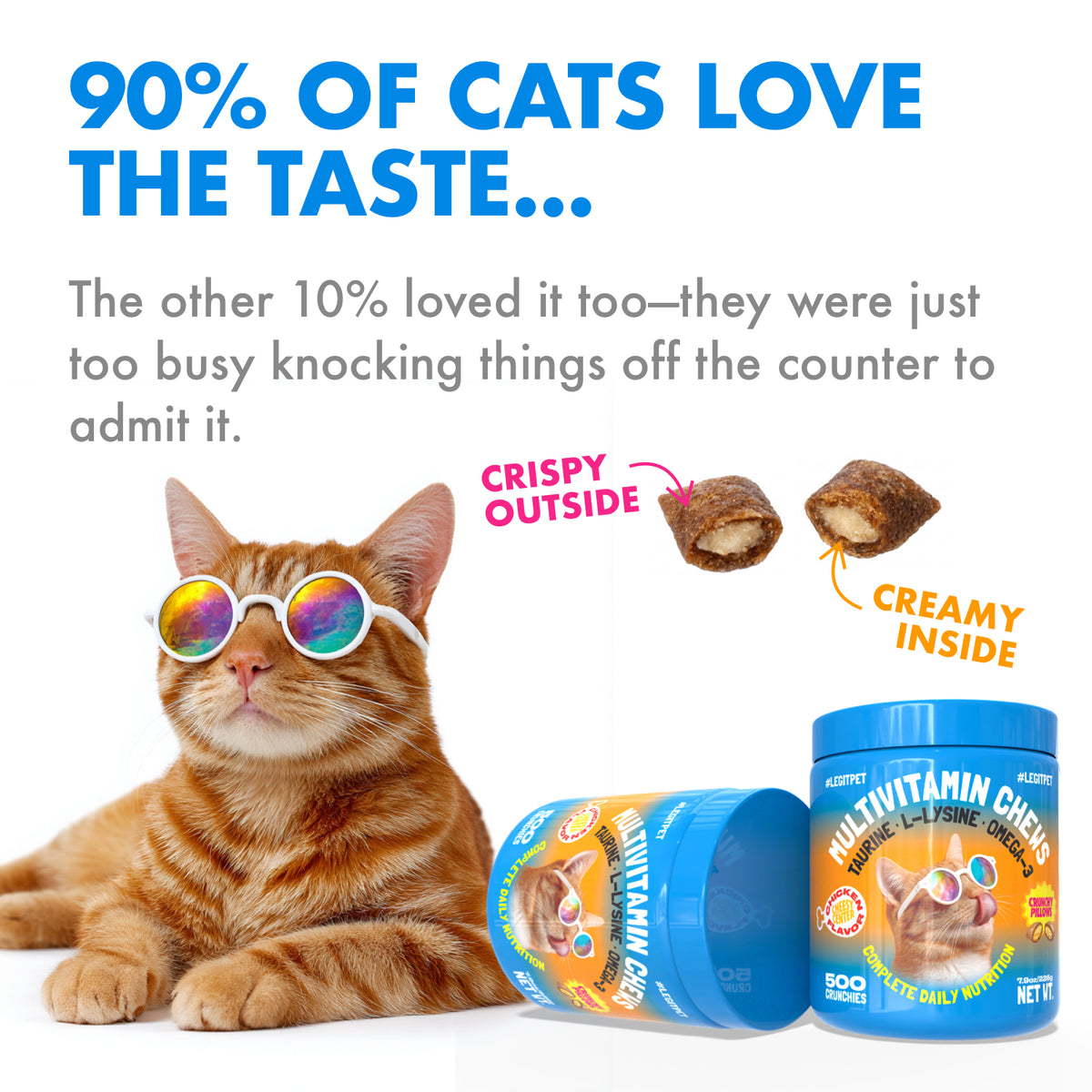 Multivitamin Cat  Crunchy Treats Daily Vitamins with Taurine, Omega 3 & L-Lysine, Chicken Flavor, 500 Crunchy Pillows