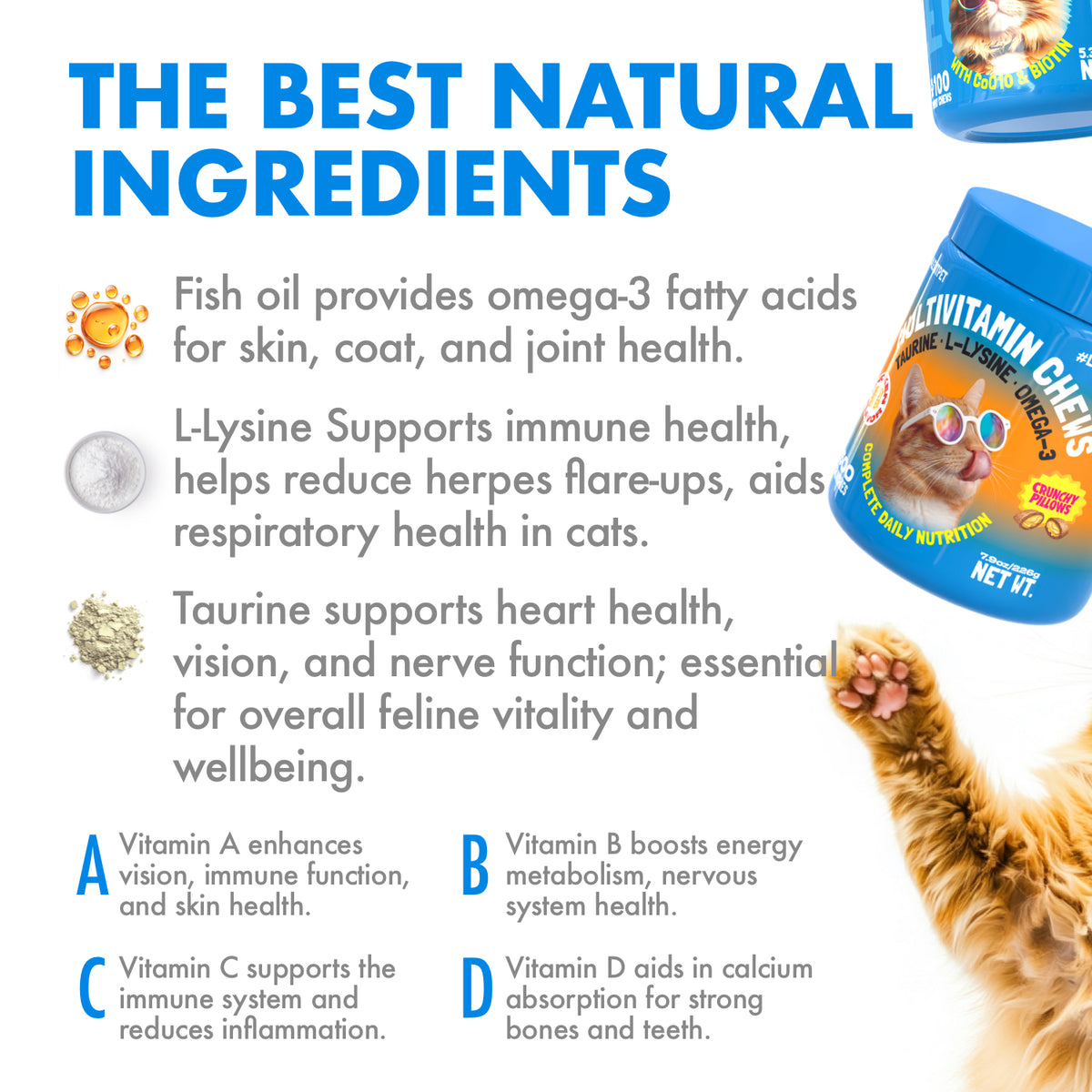 Multivitamin Cat  Crunchy Treats Daily Vitamins with Taurine, Omega 3 & L-Lysine, Chicken Flavor, 500 Crunchy Pillows