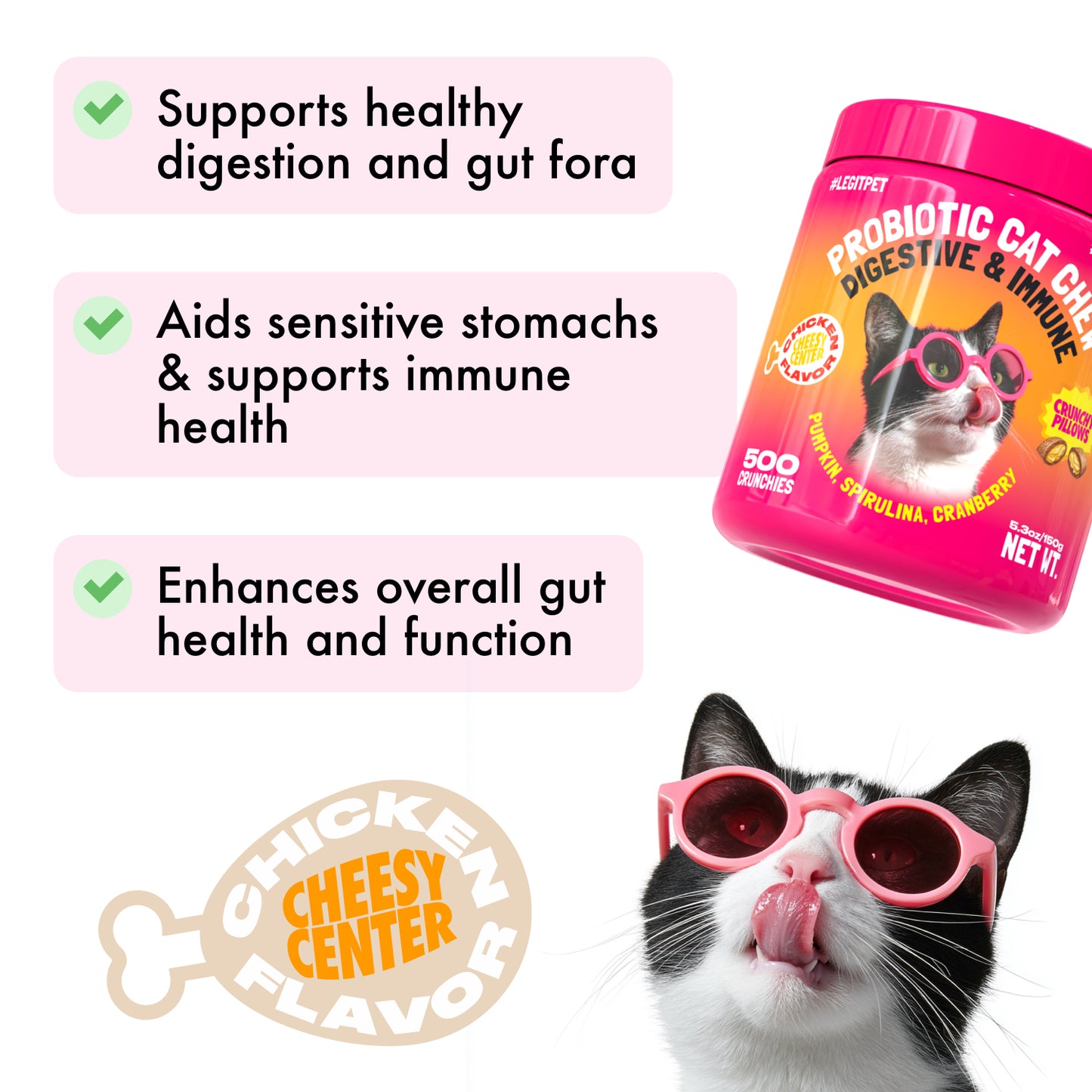 Probiotic Cat Chews for Digestive & Gut Health Daily Supports, Chicken Flavor, 500 Chews