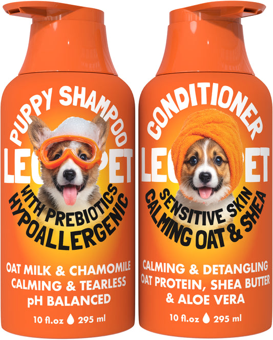 Puppy Shampoo and Conditioner Set Hypoallergenic, Tearless, pH Balanced with Oat Milk, Chamomile & Prebiotics for Sensitive Skin, Sulfate Free, Paraben Free 2×10 fl oz