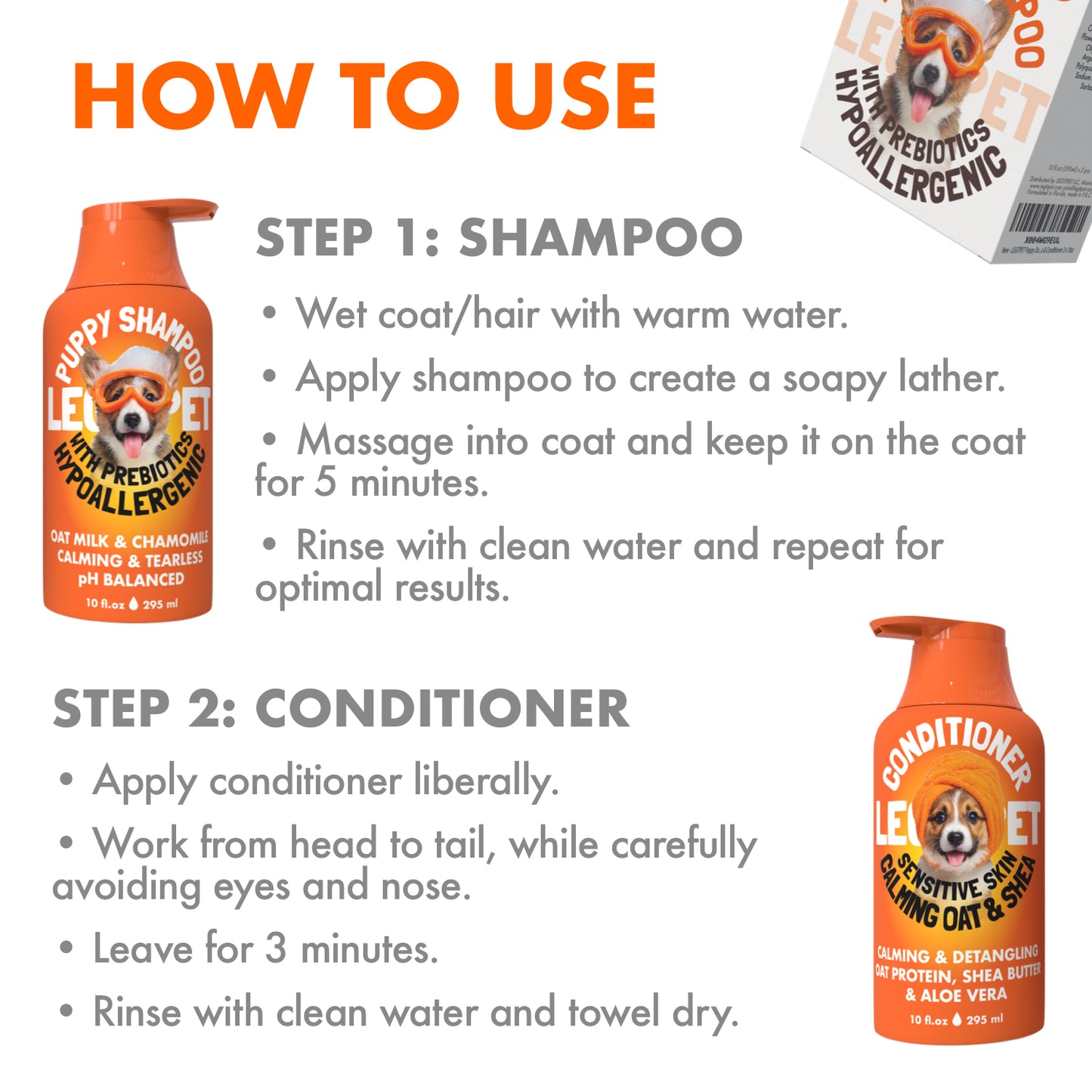 Puppy Shampoo and Conditioner Set Hypoallergenic, Tearless, pH Balanced with Oat Milk, Chamomile & Prebiotics for Sensitive Skin, Sulfate Free, Paraben Free 2×10 fl oz